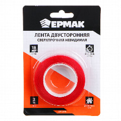 Клейкая лента двусторонняя, сверхпрочная, невидимая, тм ЕРМАК, 18мм x 2м x 1мм