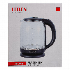 LEBEN Чайник электрический, 2 л, 1500 Вт, c LED подсветкой, стекло, черный